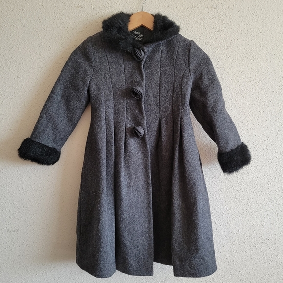 Saks Fifth Avenue Girls Dark Grey Wool Faux Fur Dressy Lined Coat Size 6x - Picture 2 of 7